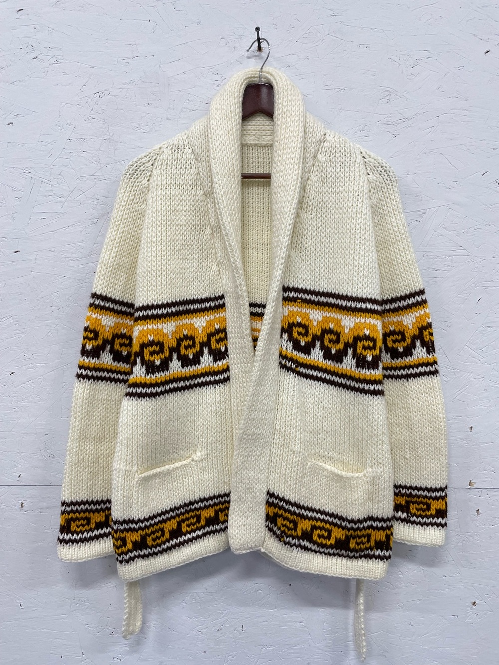Vintage Hand Knit Curling Sweater Cardigan Shawl Collar, Size M, Cream/Brown